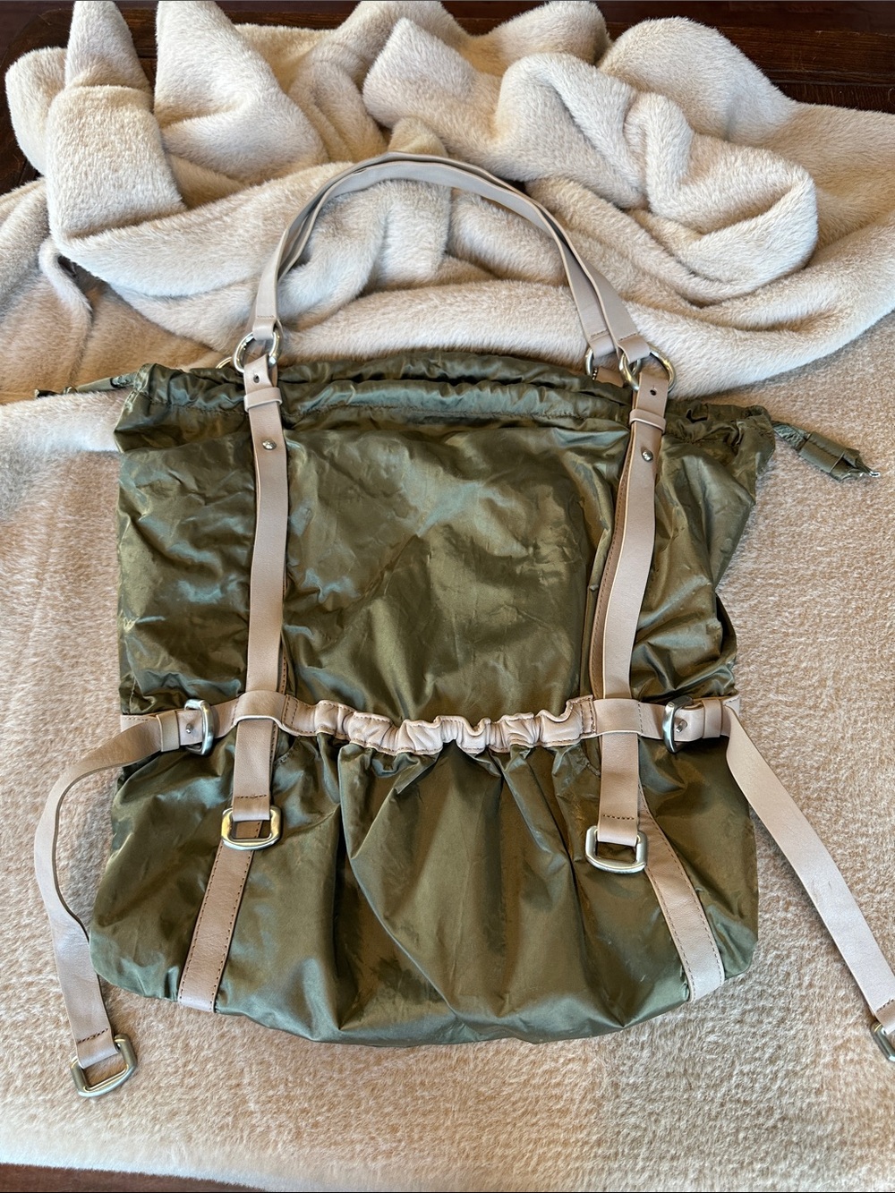 DKNY Olive Green Tote with Beige Straps